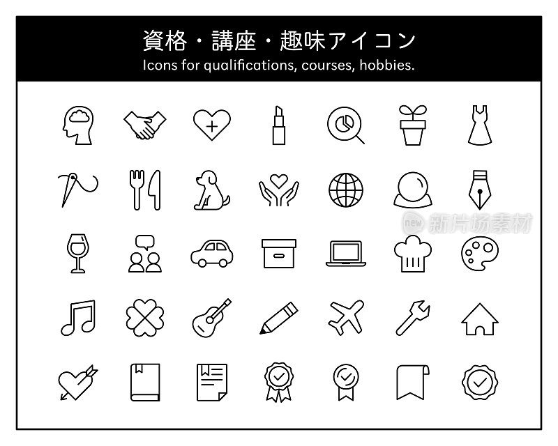 A set of various icons related to qualifications, courses, hobbies, etc.